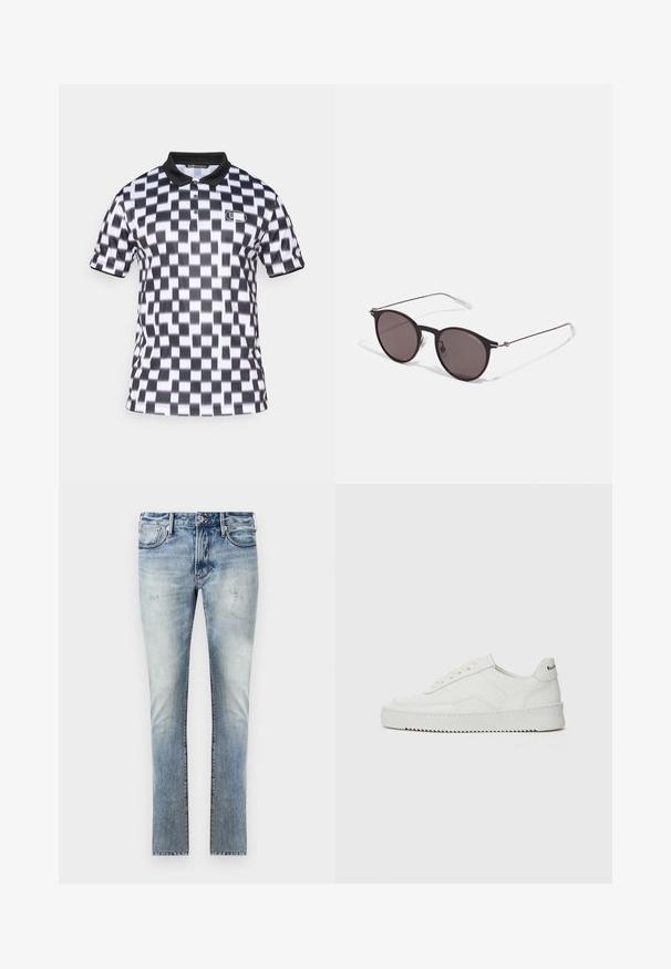 Polo tričko s krátkym rukávom, s čierno-bielym zigzagovým vzorom, čiernym golierom a značkovým logom na hrudi. Mäkka textúra látky.; Svetlomodré denimové nohavice s vyblednutým povrchom, úzky strih, päť vreciek a kontrastné prešitie na švoch.; Biele kožené tenisky s hladkým povrchom, okrúly špičkový dizajn, ploché šnúrky a textúrovaná podrážka. Obsahujú jemné logo na päte.; Čierne okrúhle slnečné okuliare s tmavými sklami a tenkými kovovými ramenami. Obsahujú priehľadné konce rámov a strieborné akcenty na pántoch. Minimalistický dizajn.
