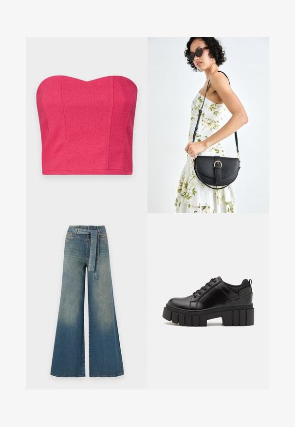 Beigalių viršus be petnešėlių, ryškiai rožinės spalvos, tekstūruoto audinio, su širdelės formos iškirpte ir prigludusiu siluetu. Nėra matomų užsegimų ar puošmenų.; Platus džinsinis kelnes su šviesiai tamsiai mėlynu gradientu, aukštu juosmeniu, diržo kilpomis ir atitinkančiu audinio diržu. Textūruotas džinsinis paviršius.; Juodi odiniai platformos batai su masyviu blokuota kulniuku, apvalia nosimi ir tradiciniu šnypštimo dizainu. Turintys glotnų paviršių ir minimalų dekoravimą.; Juodas odinis krepšys su išlenkta forma, nuimamu dirželiu ir auksiniais detalėmis. Krepšys turi kilpą su sagtimi.