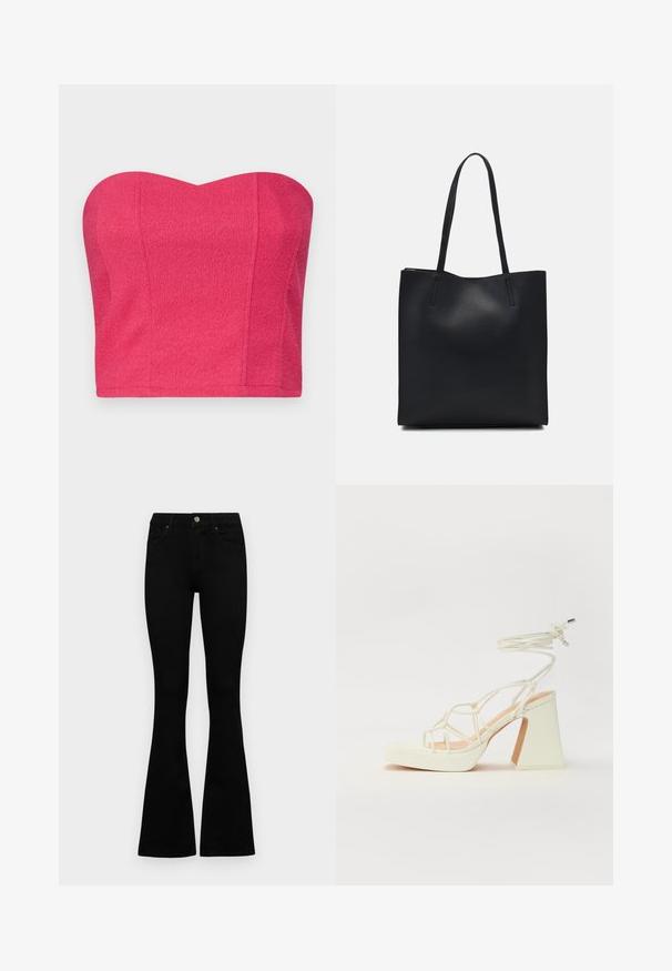 Top cropped sem alças em rosa brilhante, tecido texturizado, com decote coração e silhueta ajustada. Sem fechos ou adornos visíveis.; Jeans pretos de cintura alta com fecho de botão e zíper, bolsos frontais e pernas largas dispostos em cima de um fundo branco.; Sandálias brancas de salto alto com um salto robusto, apresentando um design com tiras e amarração no tornozelo. Textura suave com uma plataforma na frente para altura adicional.; Bolsa tote preta em couro com textura lisa, forma retangular e duas alças longas. Sem hardware ou enfeites visíveis.