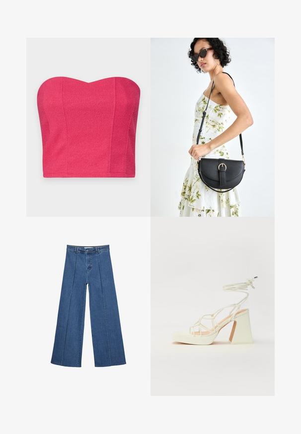 Top bez naramenica, skraćenog kroja, u svijetlo ružičastoj boji, od teksturirane tkanine, s dekolteom u obliku srca i očigledno prilagođenim siluetom. Nema vidljivih zatvarača ili ukrasa.; Široke traperice u srednje plavoj boji, s visokim strukom, zatvaranjem na dugme i kontrastnim vertikalnim šavovima duž prednje strane.; Bijela sandala na visokoj potpetici s debelim petom, s remenom i vezanjem oko gležnja. Glatka tekstura s platformom sprijeda za dodatnu visinu.; Crna kožna torba s lukovitim oblikom, odvojivim remenom i zlatnim detaljima. Torba ima preklop s kopčom.