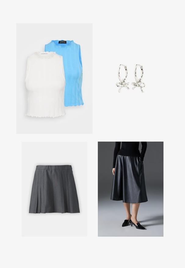 Dva bezrukavnih topa: jedan bijeli i jedan svijetloplavi. Oba imaju rebrastu teksturu, valoviti izrez i kroj koji se dobro prilagođava tijelu.; Siva plisirana suknja od teksturiranog materijala, s pojasom i skrivenim patentnim zatvaračem. Ima ravnomjerno raspoređene plisove za strukturalni izgled.; Crna kožna midi suknja s glatkom teksturom; sadrži pojas i bočne džepove. Uparena s sjajnim crnim cipelama s visokom petom.; Srebrne okrugle naušnice s dizajnom mašne, s glatkom završnom obradom i poliranim teksturama. Kompaktni, minimalistički stil prikladan za različite prilike.