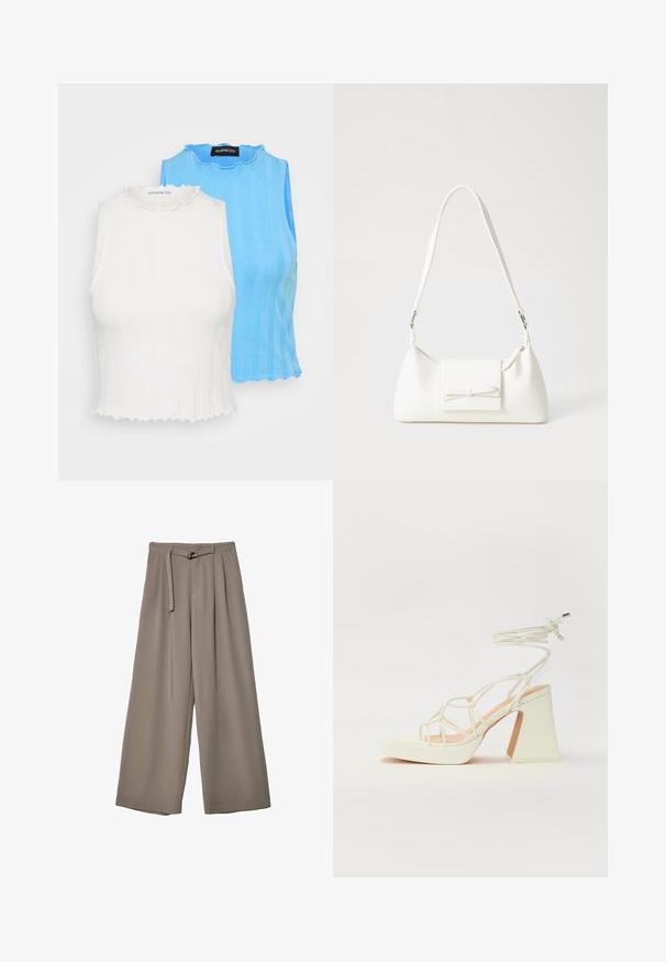 Dve bezrukávové blúzky: jedna biela a jedna svetlo modrá. Obe majú rebrovanú textúru, volánový výstrih a obtiahnutý strih.; Široké nohavice v jemnej, tlmenej šedej tkanine, s opaskom v pase a vreckami pre dodatočný dizajnový detail. Hladký povrch, bez vzorov.; Biele sandále na vysokom opätku s hrubým podpätkom, s pruhovaným dizajnom a viazaním na členku. Hladký povrch s platformou vpredu pre zvýšenú výšku.; Biela syntetická kabelka s trojuholníkovým tvarom, plochým predným klapkou a detailom mašle, nastaviteľným popruhom, hladkou textúrou a minimalistickým dizajnom.