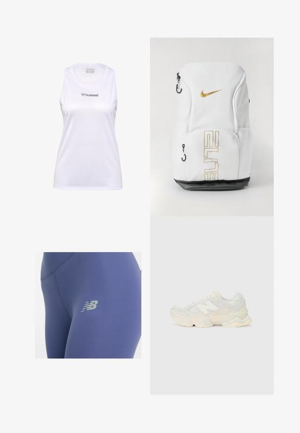 Hvid ærmeløs sportstanktop lavet af tekstureret stof, med en rund halsudskæring og et sølvfarvet "hummel"-logo på forsiden.; Tights i dybblå stof med en glat tekstur, med et reflekterende gråt logo på låret og flade syninger for komfort.; Letvægtssneakers med en overdel i mesh og ruskind i bløde cremetoner, med en kraftig sål og tredimensionelle accenter.; Nike rygsæk i hvid med guld-logo og "ELITE" tekst, lynlåse, meshsidelommer og en sort bund. Glat tekstur.