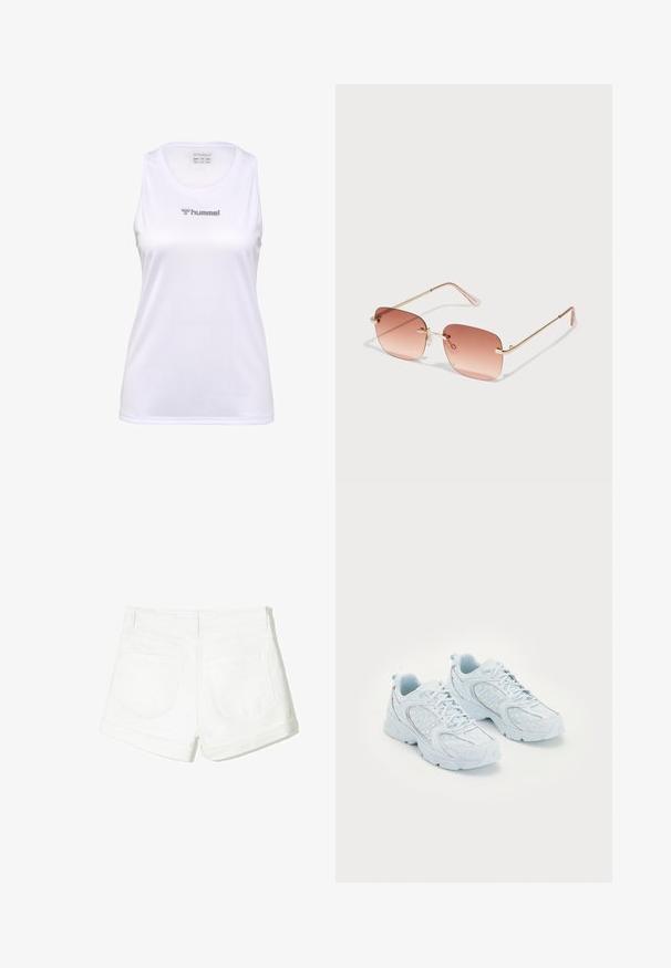 Hvid ærmeløs sportstanktop lavet af tekstureret stof, med en rund halsudskæring og et sølvfarvet "hummel"-logo på forsiden.; Hvide denim shorts med rullekant, to baglommer og en glat overflade. Simpelt design uden synligt hardware eller mønstre.; Lyseblå atletik sko med en overdel af mesh og syntetisk materiale, der har hvide prikker og reflekterende detaljer, snørebåndsdesign og polstrede såler.; Rektangulære solbriller med gradient rosafarvede linser, guldmetalramme og pink stænger. Har små næsepuder og subtile hængsel detaljer.