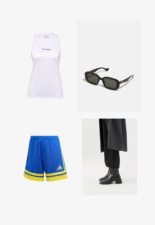 Weißes ärmelloses Sport-Tanktop aus strukturiertem Stoff, mit einem runden Ausschnitt und einem silbernen "hummel"-Logo auf der Vorderseite.; Blaue Sportshorts mit einem gelben Bund und Streifen. Mit Adidas-Logo und kontrastierenden gelben Akzenten an den Seiten. Leichtes Material.; Schwarze Lederstiefeletten mit quadratischer Zehenform und dicker Absatz, getragen mit lockeren schwarzen Hosen und einem dunkelgrauen Mantel. Glatte Oberflächenstruktur.; Schwarze rechteckige Sonnenbrille mit dunkelgrünen Gläsern. Sie hat kräftige, dicke Rahmen und goldene Hardware-Akzente an den Seiten.; Beige Wildleder-Handtasche mit runder Form, die auf der Vorderseite drei geraffte Taschen und einen einzigen verstellbaren Tragegurt hat.