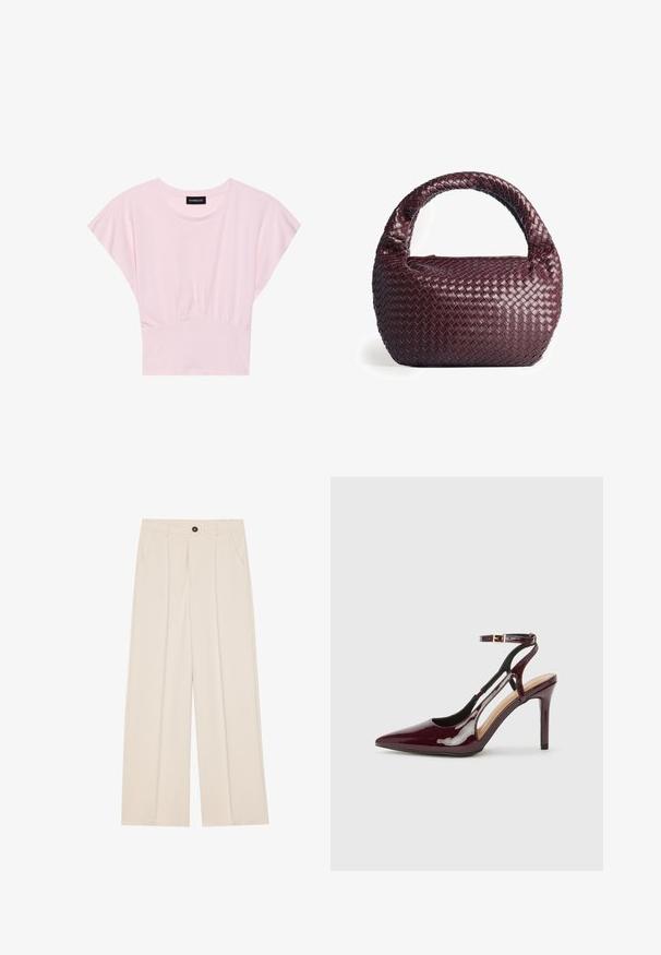 Ružové tričko s krátkymi rukávmi s na gathered pásom. Vyrobené z mäkkej textílie, má okrúhly výstrih a voľný strih.; Svetlé dámske nohavice s vysokým pásom a širokými nohavicami, vyrobené z krémovej látky, s dvoma bočnými vreckami, jedným predným gombíkom a prednými skladmi pre väčší detail.; Burgundské lakované kožené lodičky s vysokým podpätkom, špicatou špičkou, členkovým pásikom a výrezmi na bokoch. Elegantný a lesklý vzhľad.; Tkaná bordová kabelka s okrúhlym tvarom, hrubým uchom a štruktúrovanou kožou. Má hladký, lesklý povrch a zipsové uzatváranie.