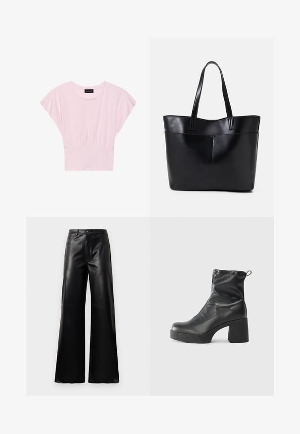 Roosa lühikeste varrukatega T-särk, millel on kokku kogutud vöökoht. Valmistatud pehmest kangast, ümar kaelus ja lõdvestunud istuvus.; Mustad talje laiad jalad kunstnahast püksid esipaneeli nööbi ja lukuga, vöödega ja küljetaskutega valge tausta peal.; Mustad mustad ansapüksid, mis on valmistatud siledast nahast, külje zipperiga, paksu tekstuuriga kontsaga ja ümmarguse nina disainiga.; Must mustaga musta nahast, millel on kaks pikka kanda, sile tekstuur ja struktureeritud kuju. Esipoolsel on lisakoti jaoks tasku.