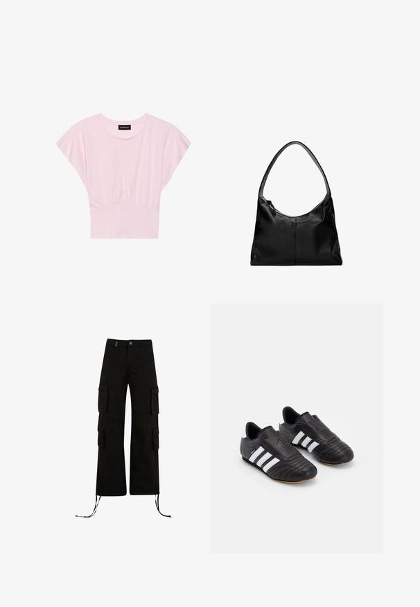 Ružové tričko s krátkymi rukávmi s na gathered pásom. Vyrobené z mäkkej textílie, má okrúhly výstrih a voľný strih.; Čierne cargo nohavice s voľným strihom, obsahujúce cargo vrecká na bokoch, sťahovacie lemy a gombíkovú zaťahovaciu pásku v páse.; Čierne futbalové kopačky s textúrovaným koženým zvrškom, so polstrovanou špičkou, tromi bielymi pruhmi po bokoch a gumovou podrážkou.; Čierna kožená taška cez rameno s hladkou textúrou, zakrivenou hornou časťou a jedným popruhom. Má zipsové uzatváranie a minimalistický dizajn.