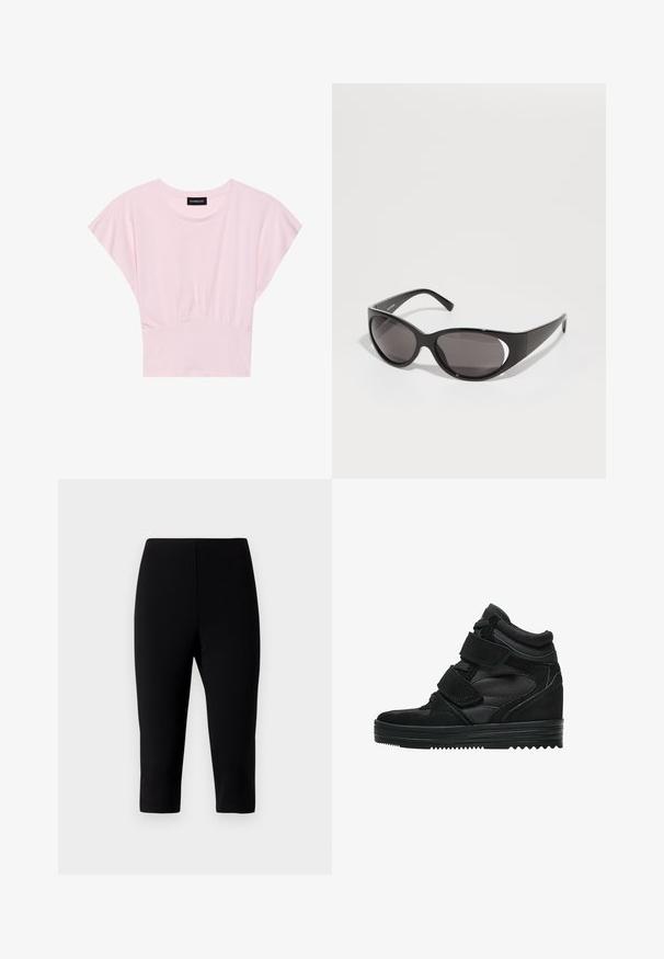 Rosa t-shirt med korta ärmar och samlad midja. Gjord av mjukt tyg, med rund halsringning och avslappnad passform.; Svarta capribyxor i elastisk tyg, med en figursydd design som slutar strax nedanför knäet, med en slät textur och inga synliga sömmar.; Svarta högsko sneakers gjorda av mocka och mesh, med kardborreband, en slät yta och en strukturerad gummisula för bra grepp.; Svarta solglasögon med ovala linser och en elegant design. Bågarna är blanka och breda, med ett utskuret detalj på sidorna.; Svart läderhandväska med flätade handtag, dragkedjefack och hängande pom poms. Texturerad yta med metallnitar och hårdvaruaccenter.