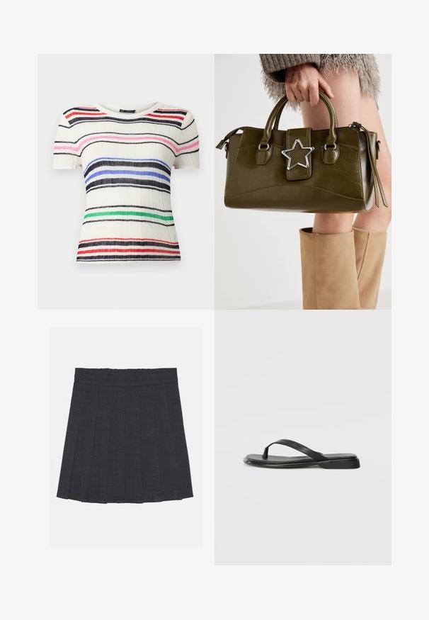 Short-sleeve top in ribbed white fabric featuring horizontal stripes in black, blue, pink, red, and green. Crew neckline, fitted design.; Dark gray pleated skirt with an elastic waistband, featuring a textured fabric and a classic A-line silhouette. Suitable for casual wear.; Black flip-flop made of smooth leather, featuring a thin strap design and a flat sole with a minimal profile. No notable patterns or accents.; Olive green faux leather handbag with silver star accent, dual handles, and a zip closure. Textured surface and structured shape.