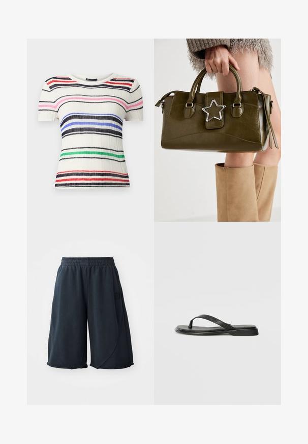 Lühikeste varrukatega topp ribatud valgest materjalist, millel on horisontaalsed triibud mustas, sinises, roosas, punases ja rohelises. Ümar kaelus, vormistav disain.; Mustad musta värvi sportlikud lühikesed püksid, mis on valmistatud pehmest kangast, paindliku vöökoha ja külge õmmeldud logoga. Sile tekstuur ja mugav lõige.; Musta sussumood, mis on valmistatud siledast nahast. Sellel on õhuke rihma disain ja lame tald minimaalsete joontega. Mingeid silmatorkavaid mustreid või aktsente ei ole.; Oliivroheline kunstnahast käekott koos hõbedase tähe aktsendiga, kahe käepideme ja luku sulgemisega. Tekstuuriga pind ja struktureeritud kuju.