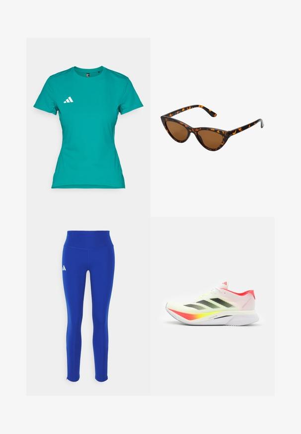 Tirkīza krāsas sporta t-krekls, kas izgatavots no viegla auduma. Tām ir īsas piedurknes un balts logs kreisajā krūts daļā.; Zilās sporta legingi ar augstu jostu, izgatavoti no elastīga materiāla, ar baltu logo uz kreisā gurniem un diskrētām apdare.; Skriešanas apavi ar vieglu baltu sietu augšdaļu ar melnām svītrām, neona dzelteniem akcentiem, rozā papēdi un izliekta balta zole.; Kaķa acs saulesbrilles ar melnu un oranžu bruņurupuču rakstu rāmi, brūnām lēcām un elegantiem, norādītiem galiem. Rāmī ir minimālists logos uz tempļa.