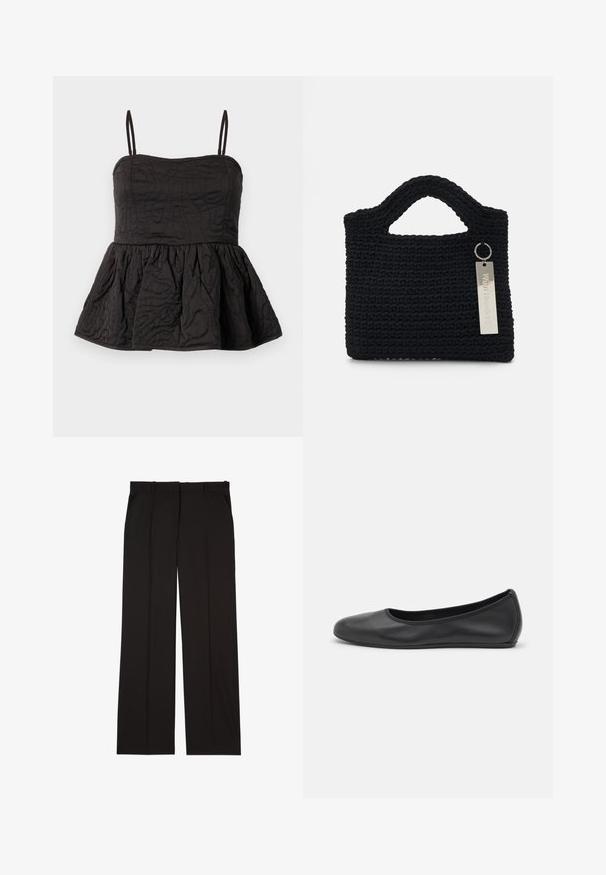 Svart peplum topp med justerbare spaghetti-stropper, teksturert stoff med virvlende mønster og samlet nedre hem for volum.; Sorte skreddersydde bukser laget av et glatt stoff, med rett ben-design og to sidelommer. Elegant og minimalistisk konstruksjon.; Svart skinnballettflatt med rund tå, glatt tekstur, minimal sømdetalj, og et fleksibelt såledesign.; Won Hundred MARSIELLE COMPUTER BAG UNISEX - Dataveske - black