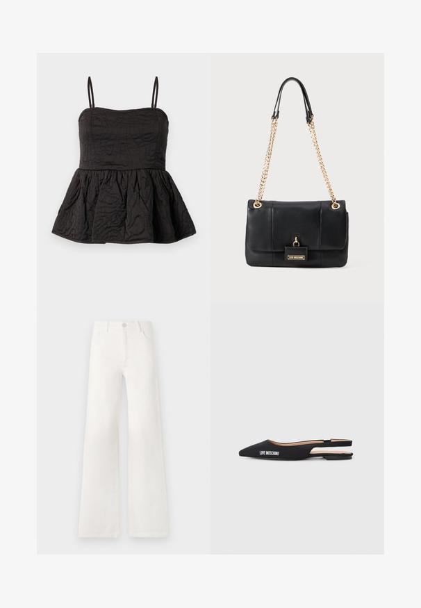 Melna pepluma topa ar regulējamiem špageti plecu siksnēm, teksturēts audums ar viļņotu dizainu un savilktu apakšējo malu, kas piešķir apjomu.; Baltas, augsto jostasvietu platās kājas džinsi, izgatavoti no denima. Iekļauj pogu aizdari, divas priekšējās kabatas un sānu šuves ar šuvju detaļām.; Melnas izstrādnes ar atvērtu papēdi un smailiem pirkstiem, izgatavotas no gludas materiāla. Iespējota baltā "LOVE MOSCHINO" zīmola apzīmējums un minimālistisks dizains.; Melna ādas rokassoma ar zelta ķēdes siksnām un priekšējo atlokā, kurā ir neliels zelta "Love Moschino" logotipa plāksnīte.