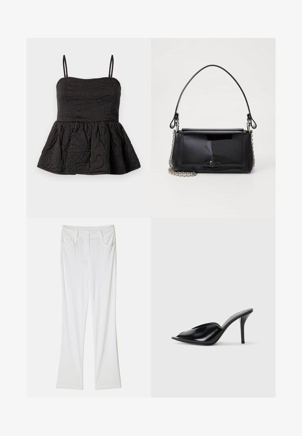 Top peplum negru cu bretele subțiri ajustabile, stofă texturată cu un design în spirală și tiv inferior strâns pentru volum.; Pantaloni albi evazați cu o textură de țesătură netedă, având două buzunare frontale și o talie cusută pentru un aspect ajustat.; Mule-uri negre din piele cu toc înalt, cu vârf deschis, design ascuțit, textură fină și toc subțire stiletto.; Geantă din piele patent neagră, cu o formă rectangulară, mânere din lanț și un accent distinctiv din metal în centru. Textură netedă.