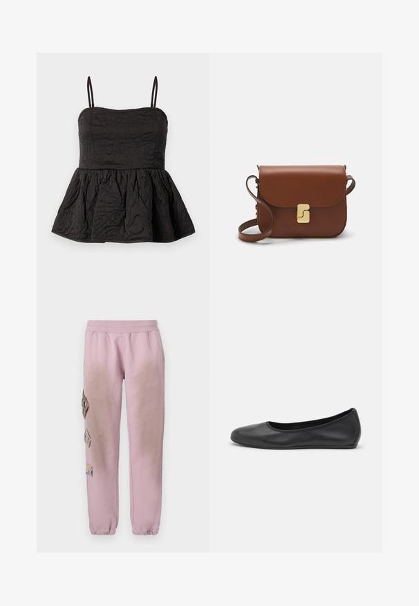 Musthave mustriba mustrinong mustlisaga, reguleeritavad spagetipäised, tekstuurne kangas, millel on keerduv kujundus ja volditud alumine serv mahu jaoks.; Roosa spordipüksid elastse paelaga vööl, millel on vasakul küljel dekoratiivsed rombikujulised plaastrid ja elastsed mansetid pahkluude juures.; Musthave mustika tantsutossud mustast nahast, ümmarguse varbaga, siledast tekstuurist, minimaalse õmblusdetailiga ja paindliku tallakujundusega.; Pruunist nahast käekott, millel on klapiga sulgur, kuldne riistvara, õlarihm ja sile tekstuur. Kompaktne ristkülikukujuline vorm.