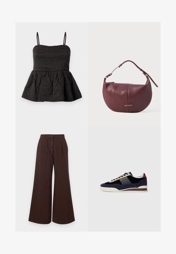 Juoda peplumo bluzelė su reguliuojamomis spageti petnešėlėmis, tekstūruotas audinys su sukimo raštu ir susiraukšlėtas apatinis kraštas, suteikiantis apimties.; Aukšto juosmens platėjančios rudos kelnės su mygtuku ir užtrauktuku, dirželių kilpomis ir priekinėmis raukšlėmis.; Jūrų melsvi velveto sportbačiai su smėlio ir tamsiai mėlynomis detalėmis. Turi baltą gumos pabanduką ir auksinius logotipus šone. Klasikinis sportinis dizainas.; Bordo odinės rankinės, apvalios formos, su užtrauktuku ir reguliuojama juosta. Priekyje yra logotipo etiketas.