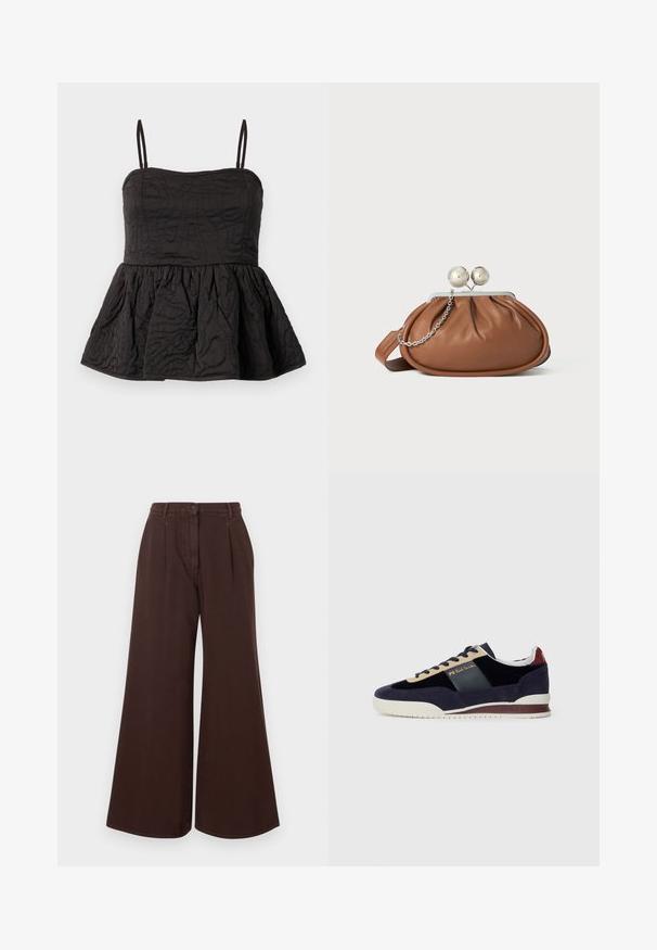 Fekete peplum top állítható spagetti pántokkal, texturált anyaggal, amely csavart mintázattal rendelkezik, és ráncolt alsó szegéllyel, amely volument ad.; Magas derekú, bő szárú barna nadrág gombos és cipzáras záródással, övhurkokkal és elülső pliszékkel.; Tengerészkék nubuk sportcipő bézs és sötétkék akcentusokkal. Fehér gumitalppal és arany logóval az oldalon. Klasszikus sportos dizájn.; Barna bőrből készült clutch táska ezüst gömb záróval és kis ezüst lánc díszítéssel, fehér háttéren.