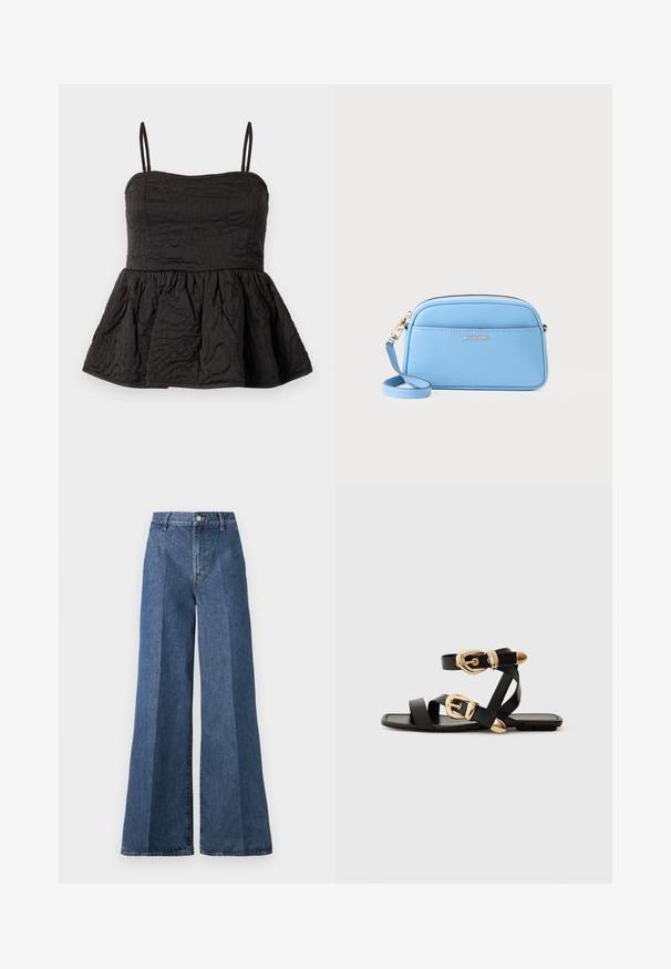 Mustat peplum-toppi säädettävillä spagettiolkainilla, teksturoitu kangas, jossa on kiehkuroitunut kuvio ja kerätty alareuna volyymia varten.; Siniset leveälahkeiset farkut, joissa on korkea vyötärö, perinteinen viisi-taskumalli ja nappikiinnitys, valmistettu teksturoidusta puuvillakankaasta.; Mustat nahkakengät kultaisilla solkiyksityiskohdilla, joissa on useita hihnoja ja litteä pohjarakenteinen muotoilu avonaisille varpaille.; Vaaleansininen nahkainen crossbody-laukku, jossa on kultasävytetty metalliosat, vetoketjukiinnitys ja etutasku. Mukana säädettävä olkahihna käytännöllisyyden vuoksi.