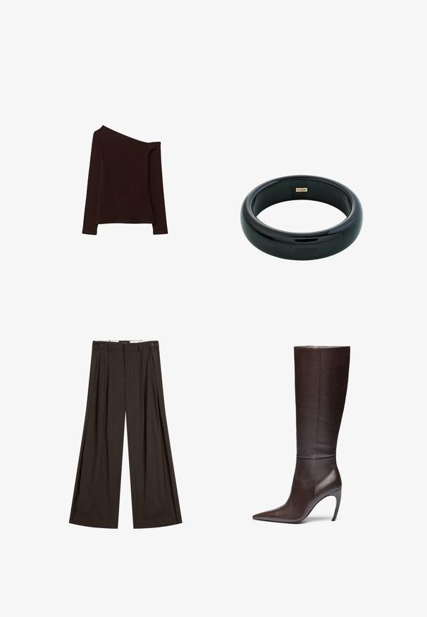 Asymmetrisk langærmet top i mørkebrun stof, med en skulder blottet og en glat, let tekstureret overflade.; Brune, vide bukser lavet af letvægtigt stof, med frontfolder, to sidelommer og en enkelt knaplukning.; Brune læderknæhøje støvler med spids tå og stilettoskaft, præget af en glat tekstur og minimalistisk design.; Sort harpiks bangle armbånd med en glat, shiny overflade og afrundede kanter. Har et lille guld "Pilgrim" logo indeni.