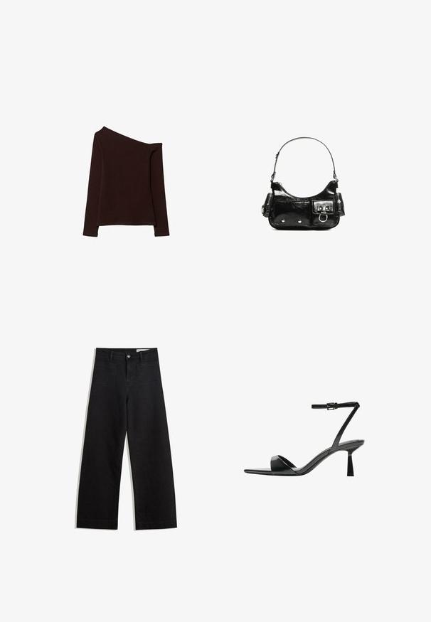 Asymmetrinen pitkähihainen yläosa tummanruskeasta kankaasta, jossa on yksi paljaana oleva olkapää ja sileä, hieman teksturoitu pinta.; Mustat leveät farkut korkealla vyötäröllä, joissa on etu- ja takataskut, ommellut saumat ja nappisuljenta. Silkinoinen rakenne.; Bershka Korolliset sandaalit - black; Mustekko mustasta kiiltonahasta valmistettu käsilaukku, jossa on kaareva muoto, yksi olkahihna, etutaskut ja hopeanväriset yksityiskohdat.