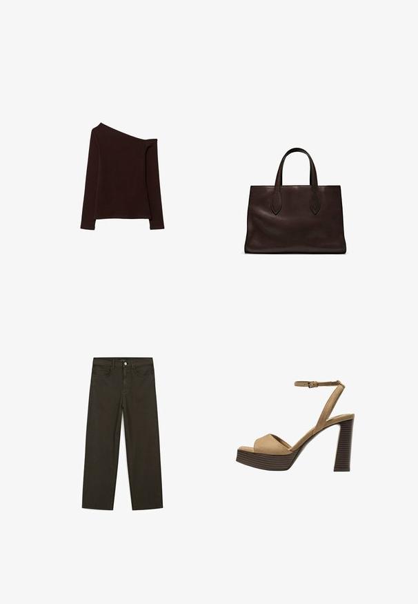 Asymmetrisches langärmliges Oberteil aus dunkelbraunem Stoff, das eine Schulter freilegt und eine glatte, leicht strukturierte Oberfläche hat.; Dunkelgrüne Jeans im weit geschnittenen Style, hergestellt aus einem Baumwollgemisch. Sie verfügen über einen Frontknopfverschluss, fünf Taschen und klassische Denim-Nähte.; Beige Wildleder-Pumps mit hohem Absatz, breitem Vorderband und Knöchelriemen, ausgestattet mit einem klobigen Holzblockabsatz mit strukturiertem Finish.; Braune Ledertasche mit zwei langen Griffen, strukturierte rechteckige Form, glatte Textur und dezente Nähdetails.
