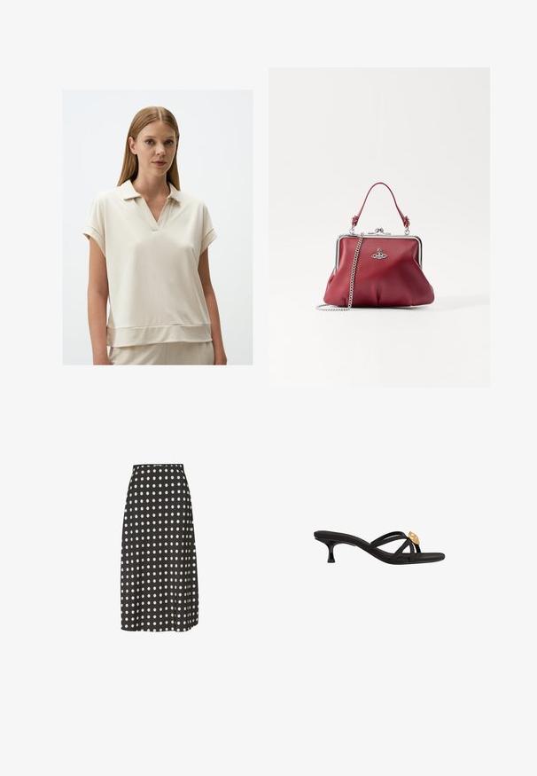Jasno beżowa koszulka polo z dekoltem w serek, krótkimi, podwiniętymi rękawami i luźnym krojem. Wykonana z miękkiego, gładkiego materiału o subtelnej fakturze.; Czarna spódnica midi w białe kropki, wykonana z gładkiego materiału. Posiada dopasowaną talię i lekki rozporek z boku dla swobody ruchów.; Czarne klapki na płaskiej podeszwie z cienkimi, skrzyżowanymi paskami. Zawierają mały, zwężający się obcas oraz złoty detal na pasku. Gładka tekstura.; Czerwona skórzana torebka na ramię z srebrnym łańcuszkiem, w zaokrąglonym kształcie, z plisowanym wzorem i metalowym zapięciem u góry. Ozdobiona detalem z logo.