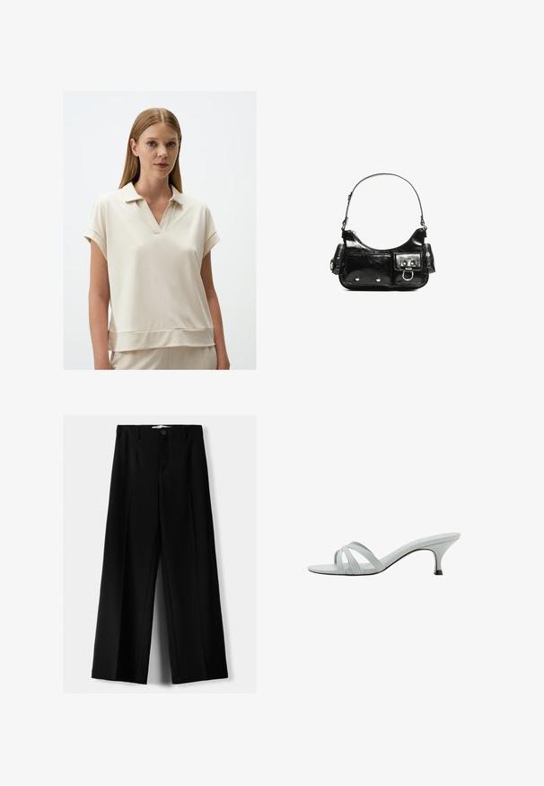 Jasno beżowa koszulka polo z dekoltem w serek, krótkimi, podwiniętymi rękawami i luźnym krojem. Wykonana z miękkiego, gładkiego materiału o subtelnej fakturze.; Czarne spodnie szerokie, wykonane z lekkiego materiału, z zapięciem na guzik z przodu i gładkim przodem, z starannie wykończonymi brzegami.; Jasnoszare sandały na obcasie z trzema krzyżującymi się paskami, o smukłym profilu i zwężanym obcasie. Gładka faktura z lekko błyszczącym wykończeniem.; Czarna torebka z lakierowanej skóry o zaokrąglonym kształcie, z jednym paskiem na ramię, przednimi kieszeniami i akcentami w kolorze srebrnym.