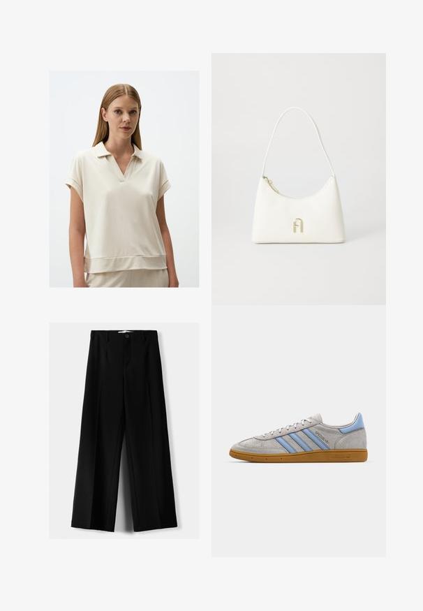 Helles beiges Poloshirt mit V-Ausschnitt, kurzen gerollten Ärmeln und lockerer Passform. Aus weichem, glattem Stoff mit einer subtilen Textur gefertigt.; Schwarze weite Hosen aus leichtem Stoff, mit einem Knopfverschluss vorne und flachem Bund, mit sorgfältig genähten Säumen.; Grau Wildleder Sneaker mit hellblauen Streifen, gummiertem Sohlenmaterial und Logo-Akzenten. Niedriges Design mit runder Zehenform und Schnürverschluss.; Weiße Handtasche mit einer geschwungenen Form und glatter Textur. Merkmale eines goldfarbenen Logoakzents und eines Reißverschlusses. Verstellbarer Schulterriemen.