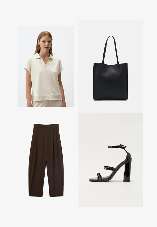Lichtbeige polo shirt met een V-hals, korte opgerolde mouwen en een losse pasvorm. Gemaakt van zachte, gladde stof met een subtiele textuur.; Bruine high-waisted broek met plooien, gemaakt van soepel materiaal. Loose fit, rechte pijpen, met riemlussen en een ritsluiting.; Zwarte gepatenteerde sandalen met hak en een vierkante neus, enkelbandjes en zilveren gespen. Heeft een stevige blokhak voor stabiliteit.; Zwarte leren handtas met een gladde textuur, rechthoekige vorm en twee lange handvaten. Geen zichtbare hardware of versieringen.
