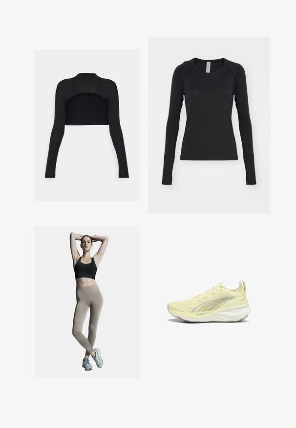 Fekete bordázott crop top hosszú ujjakkal, magas nyakkal és nyitott hátkialakítással. Simaság és testhezálló vonalvezetés jellemzi.; Fekete hosszú ujjú póló, puha anyagból készült. Kerek nyakú és rakott ujjal rendelkezik, az ujjak végén hüvelykujjnak való nyílással. Minimalista dizájn.; Fekete sportmelltartó és bézs, magas derekú leggings, oldalsó varratokkal és díszítésekkel. A modellen világosszürke sportcipők vannak, amelyek párnázott talppal rendelkeznek.; Világos sárga sportcipő, texturált felsőrésszel, szürke akcentusokkal és párnázott talppal. Fűzős kialakítású, és húzófüllel rendelkezik a saroknál.