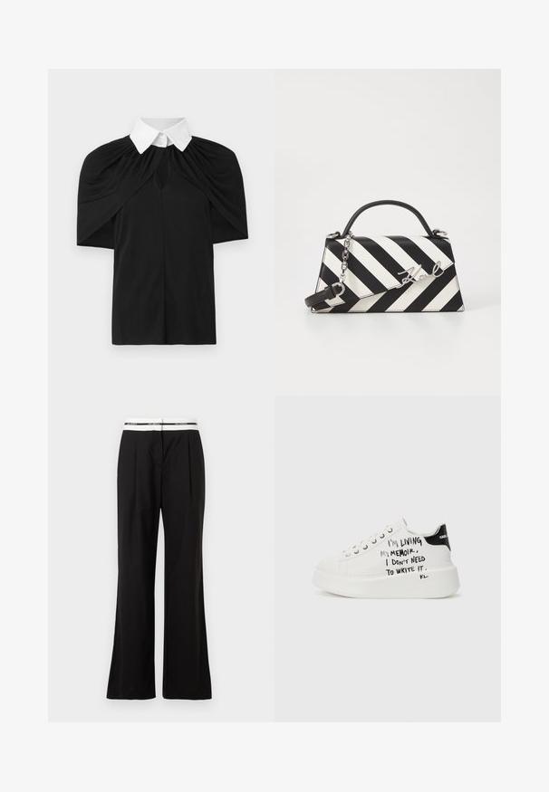Black shirt with a white collar, featuring a draped design, short sleeves, and a keyhole cutout at the front. Smooth texture, casual fit.; Black trousers with a relaxed fit, featuring a white elastic waistband with branding. Made of smooth fabric with a slight sheen.; White platform sneakers with black accents, featuring a textured sole and handwritten text on the sides. Smooth leather material.; Black and white striped handbag with a structured shape, featuring a top handle, a detachable chain strap, and metallic logo accent.