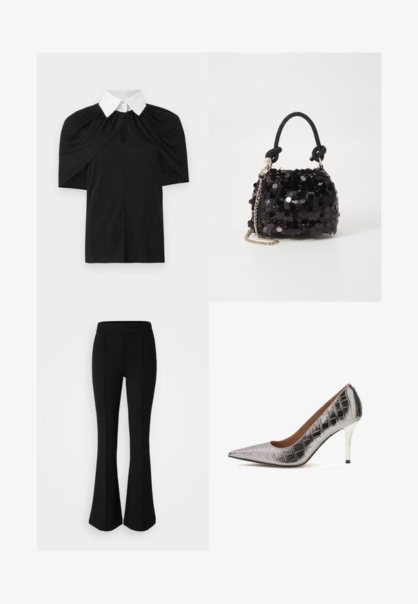 Črna majica z belim ovratnikom, z drapirano zasnovo, kratkimi rokavi in ključavnico na sprednji strani. Gladka tekstura, prilegajoč se kroj.; Črne razširjene hlače iz raztegljivega materiala z gladko teksturo, ki imajo šive spredaj za dodatno oblikovanje.; Srebrna visoka peta iz sintetike s teksturo krokodila, špicast nos, elegantna stiletto peta s črnim poudarjenjem.; Črna mini torbica s palčkami iz bleščic, z vozlanim teksturiranim trakom in srebrnima verigama. Okrogla oblika z nabranim vrhom in odsevnimi detajli.
