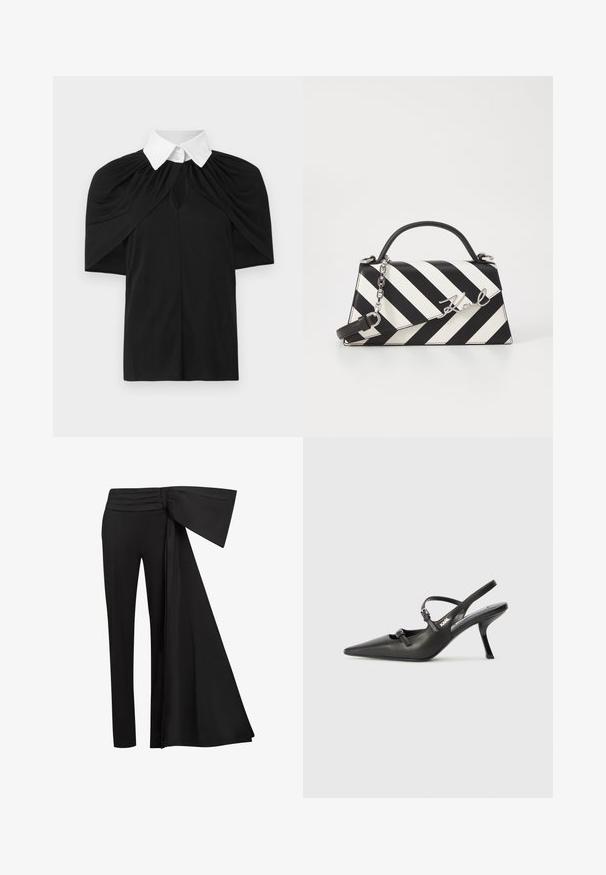 Camisetta nera con colletto bianco, caratterizzata da un design drappeggiato, maniche corte e un'apertura a chiave sul davanti. Tessuto morbido, vestibilità casual.; Pantaloni neri con un ampio dettaglio a fascia drappeggiata in vita. Tessuto liscio, taglio dritto e cintura plissettata.; Scarpe slingback nere in pelle con punta affilata, tacco sottile e dettaglio decorativo a fibbia sulla tomaia. Texture liscia e design elegante.; Borsa a righe bianche e nere con una forma strutturata, dotata di manico superiore, tracolla a catena staccabile e dettaglio logo metallico.