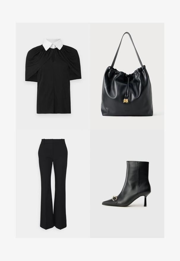 Zwarte shirt met een witte kraag, voorzien van een gedrapeerd ontwerp, korte mouwen en een keyhole uitsnijding aan de voorkant. Gladde textuur, casual pasvorm.; Zwarte geplooide broek met een recht model, gemaakt van een gladde stof. Heeft een hoge taille en onzichtbare zijzakken.; Zwarte leren enkelboot met spitse neus, slanke middenhoge hak en zilveren gespdetail aan de zijkant op een effen achtergrond.; Zwarte leren trekkoordtas met een soepele textuur, gatherin aan de bovenkant en subtiele gouden accenten. Beschikt over een enkele stevige schouderband en een geperst logo.