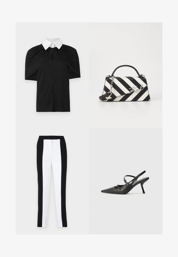 Chemise noire avec un col blanc, présentant un design drapé, des manches courtes et une ouverture en forme de clé à l'avant. Texture lisse, coupe décontractée.; Pantalons fuselés noir et blanc avec un ajustement slim et des panneaux contrastés. Le tissu a une texture lisse ; la taille est plate et ajustée.; Talons slingback en cuir noir avec un bout pointu, un talon fin et un détail de boucle décorative sur le vamp. Texture lisse et design épuré.; Sac à main rayé noir et blanc avec une forme structurée, doté d'une poignée supérieur, d'une bandoulière en chaîne amovible et d'un accent logo métallisé.