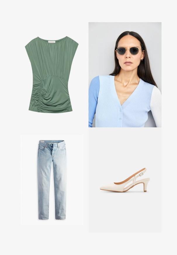 Parte superior verde de manga corta con tela plisada; presenta una textura recogida en la cintura y un escote redondo. Material suave y elástico.; Vaqueros de mezclilla azul claro con corte recto, dos bolsillos frontales y dos bolsillos traseros. Incluye cierre de dos botones y costuras sutiles.; Zapato de tacón de tirantes blanco con punta afilada, material superior liso, tacón bajo y diseño con corte lateral con correa ajustable.; Gafas de sol redondas con lentes oscuros y montura dorada. El modelo lleva un cárdigan de canalé azul claro con botones y mangas blancas en contraste.; Monedero de muñeca Michael Kors en lona recubierta beige que presenta un patrón repetido del logo MK, herrajes dorados y una correa de cadena desmontable.