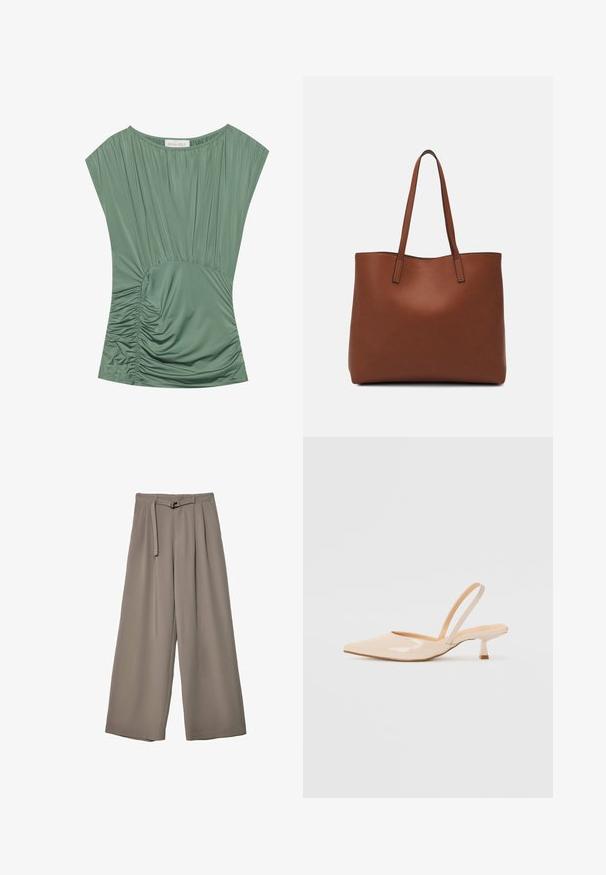 Zeleno, kratkoslečeno majico s nabranim materialom; ima nabran ton v predelu pasu in okroglo ovratnico. Gladek, raztegljiv material.; Široke hlače iz mehke, umirjene sive tkanine, z pasom, ki ga je mogoče zavezati, in z gubami za dodatne oblikovne podrobnosti. Gladka tekstura, brez vzorcev.; Bež čevlji na peto iz patentiranega usnja, s koničastim nosom in ozko kvadratno peto. Gladka tekstura in minimalističen dizajn brez okrasja.; Rjava usnjena torba z gladko teksturo, odprto zasnovo zgoraj in dvema naramnima trakovoma. Opremljena je z minimalnim šivanjem in brez vidnih kovinskih delov.