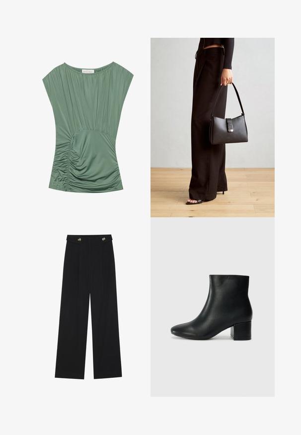 Zelený krátky rukávový top s skladanou tkaninou; má zhromaždenú textúru v oblasti pása a okrúhly výstrih. Hladký, elastický materiál.; Čierne široké nohavice s vysokým pásom, so zapínaním na gombíky na páse a prednými sklady.; Čierne kožené členkové čižmy s špicatou špičkou a hrubým podpätkom. Hladká textúra s minimálnymi akcentmi a elegantným, priliehavým dizajnom.; Čierna kabelka so štruktúrovaným tvarom, hladkou textúrou a kovovou sponou. V kombinácii so širokými čiernymi nohavicami a sandálmi s otvorenou špičkou na drevenej podlahe.