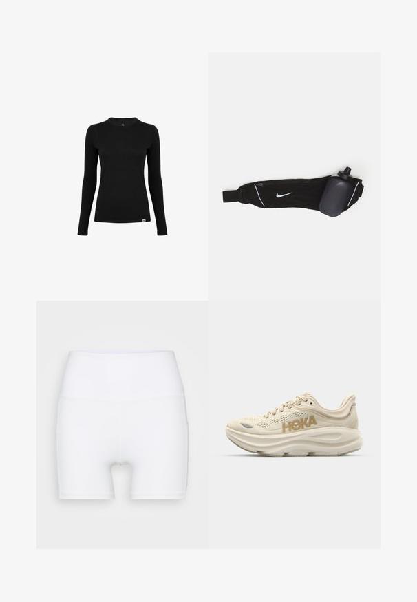 Schwarzes Langarmshirt aus glattem Stoff mit rundem Ausschnitt. Verfügt über ein dezentes Logoetikett an der unteren linken Ecke. Minimalistisches Design.; Weiße, hochtaillierte Shorts aus dehnbarem Stoff. Sie verfügen über eine glatte Textur und eine figurbetonte Passform, ohne zusätzliche Muster oder Hardware.; Helle beige Laufschuhe mit Obermaterial aus Mesh, gepolstertem Kragen, hervorgehobenem "HOKA"-Logo in Gold und dicker, gepolsterter Sohle für Komfort.; Schwarzer Wasserflaschen-Gürtel mit verstellbarem Riemen, ausgestattet mit einem weißen Nike-Logo, einem grauen Wasserflaschenhalter und weißen Akzentstichen.
