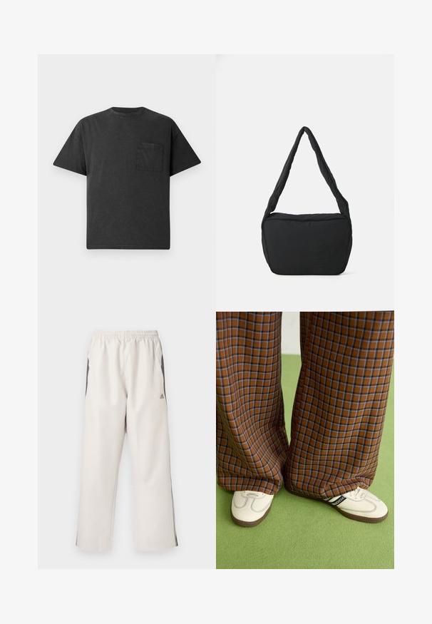 Black cotton t-shirt with a crew neckline, short sleeves, and a left chest pocket. Features a relaxed fit and smooth texture.; Light beige track pants with an elastic waist, side pockets, black side stripes, and an Adidas logo on the left thigh. Smooth fabric texture.; Brown and blue plaid wide-leg trousers paired with white shoes featuring black accents and textured soles, set against a green background.; Black shoulder bag with a padded texture, a rounded shape, and a wide strap, featuring an embossed logo on the front.