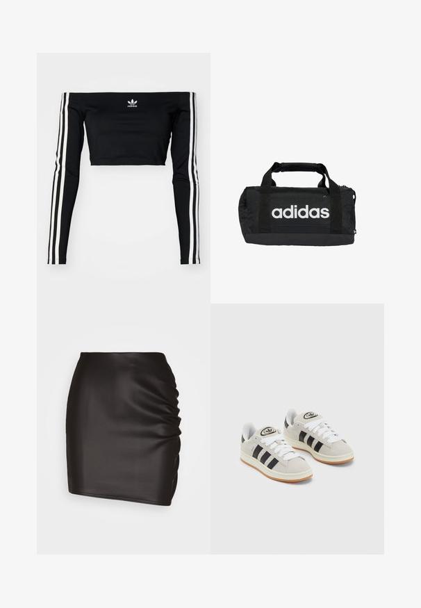 Fekete, váll nélküli crop top hosszú ujjakkal, fehér csíkokkal az ujjain, és hímzett logóval a mellrészen.; Fekete mini szoknya sima szintetikus anyagból, az egyik oldalon redőzött részletekkel és testhezálló szabással.; Szürke velúr sportcipők fehér fűzővel, fekete csíkokkal és fehér gumitalppal. A nyelvén kör alakú logó található, illetve a talpa színes gumi.; Fekete sporttáska fehér Adidas logóval, tartós anyagból készült. Két fogantyúval és cipzáros záródással rendelkezik. Strukturált felülettel és megerősített aljjal rendelkezik.