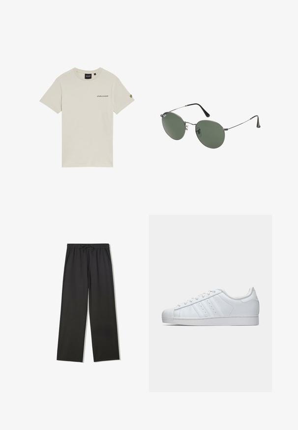 T-shirt in cotone beige con collo rotondo, maniche corte e un piccolo logo "LYLE & SCOTT" stampato sul petto. Presenta un logo ricamato sulla manica.; Pantaloni con vita elastica nera, coulisse e tasche laterali, caratterizzati da una vestibilità comoda e gambe dritte.; Sneaker bianco in pelle con punta in gomma testurizzata, tre strisce laterali e colletto imbottito. Lacci bianchi piatti e design minimal.; Occhiali da sole con montatura in metallo e lenti verdi ovali. Montatura sottile in metallo argento e terminali neri. Design minimalista, senza loghi visibili.