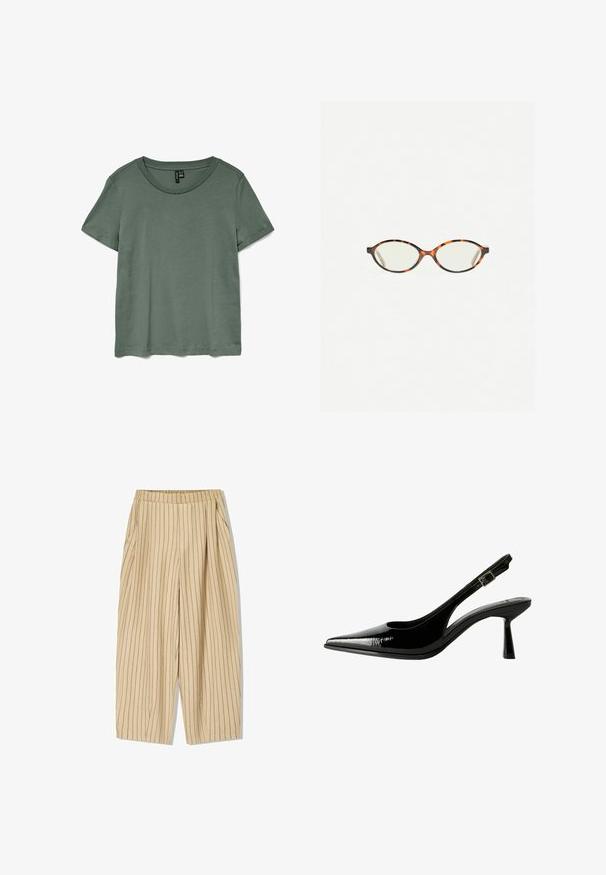 Tricou scurt cu mânecă verde, cu decolteu rotund și o textură moale, netedă. Prezintă o croială lejeră și unfir drept la tiv.; Pantaloni bej stripe cu un tiv elastic, având două buzunare laterale, croială lejeră și dungi verticale negre pentru detaliu.; Pantofi cu toc slingback din piele patent neagră, cu vârf ascuțit, laterale decupate, curea la gleznă ajustabilă și toc subțire, elegant.; Ochelari cu ramă din tartan, cu lentile ovale și un finisaj elegant, neted. Prezintă margini subțiri cu o curbură subtilă la tâmple. Lentile clare.