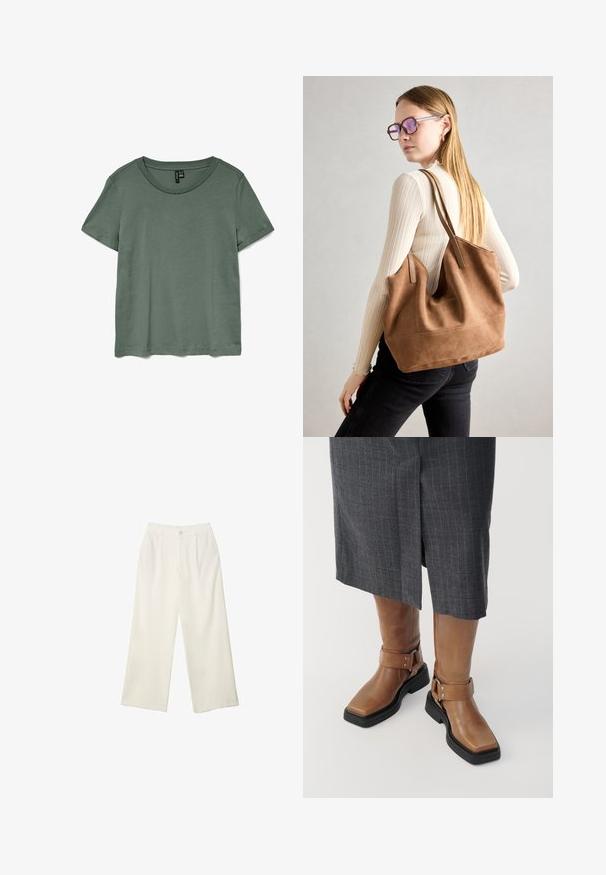 Grøn kortærmet t-shirt med rund halsudskæring og en blød, glat tekstur. Har en afslappet pasform og en lige skæring i kanten.; Bredde bukser i cremefarvet stof med en glat tekstur, der har en enkelt knap foran, diskrete folder og design med høj talje.; Brune læder knæhøje støvler med firkantet tå, sort gummisål og justerbar spænde-detalje. Båret med en grå stribet nederdel.; Brun ruskind tote taske med blød tekstur, stor åbning og lange stropper. Har et enkelt design med synlige syninger og ingen hardware.
