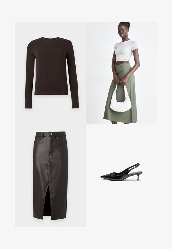 Tumši brūns gara piedurkne t-krekls ar šauru piegriezumu, parādīts uz vienkārša balta fona.; Brūna ādas midi svārki ar priekšējo slēdzeni, piecu kabatu dizains un metāla pogas aizdare. Gluda tekstūra un piegriezuma piemērotība.; Melni ādas sandales ar norādītu pirkstu, mazu kaķa papēdi un dekoratīvu mezglu detaļu priekšā. Gluda tekstūra visā virsmā.; Pelēks ribots īsais tops un olīvzaļš augstās vidukļa svārki. Modelis tur baltu plecu somu ar izgriezumiem. Vienkāršs dizains, pieguloša silueta.