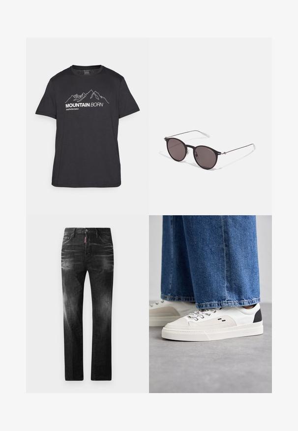 Peak Performance EXPLORE GRAPHIC TEE - Print T-shirt - black; Black denim jeans with a straight fit. Features faded areas, minor distressing, classic five-pocket design, and a button closure.; White and black sneakers with a smooth leather upper, textured accents, and a chunky white sole. Features a classic lace-up design.; Black round sunglasses with dark lenses and slim metal arms. Includes clear temple tips and silver accents at the hinge. Minimalist design.