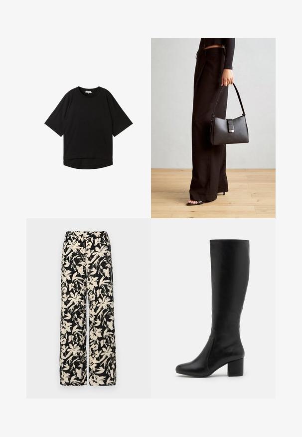 Must have lühikeste varrukatega must t-särk, millel on lõdva lõikega, ümmargune kaelus ja kergelt kõver äär. Valmistatud pehmest ja tekstureeritud kangast.; Mustad laiad püksid kreemja lillemustriga. Valmistatud kergest kangast, millel on sile tekstuur ja kõrge vöökoht.; Knee-high mustad nahkkingad, millel on sile tekstuur, ümar varvas, külgpaneel ja paks block-tala.; Must musta kott, millel on struktureeritud kuju, sile tekstuur ja metallist klamber. Kombineeritud laiate mustade pükstega ja avatud varvaste sandaalidega puidust põrandal.
