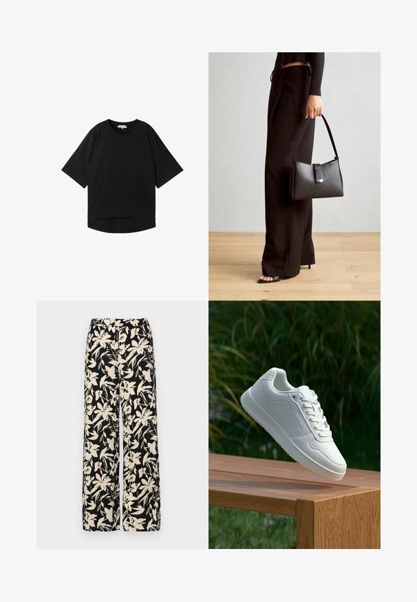 Fekete, rövid ujjú póló, laza fazonnal, kerek nyakkal és enyhén ívelt aljjal. Puha, textúrált anyagból készült.; Fekete, bő szárú nadrág krém színű virágmintával. Könnyű anyagból készült, sima tapintású és magas derékrésszel rendelkezik.; Fehér sportcipő sima szintetikus felsőrésszel, perforált lábujjrész, lapos fűzőkkel és texturált talppal, fából készült felületen kihelyezve.; Fekete kézi táska strukturált formával, sima textúrával és fémből készült záródással. Széles fekete nadrággal és nyitott orrú szandállal párosítva, fából készült padlón.