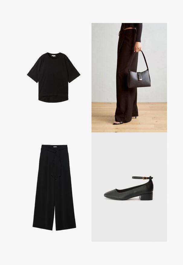 Črna kratka majica z dolgimi rokavi, sproščenega kroja, okroglim izrezom in rahlo ukrivljenim robom. Narejena iz mehke, teksturirane tkanine.; Črne široke hlače iz teksturirane tkanine, z elastičnim pasom in odstranljivim trakom na pasu za prilagodljivo prileganje.; Črne usnjene pumpice z nazobčanimi prsti in nizko blokasto peto. Imajo trak okoli gležnja z zaponko v zlatem tonu. Gladka tekstura.; Črna torbica z strukturirano obliko, gladko teksturo in kovinskim zaponko. Ujemajo se z širokimi črnimi hlačami in odprtimi sandali na lesenem tleh.